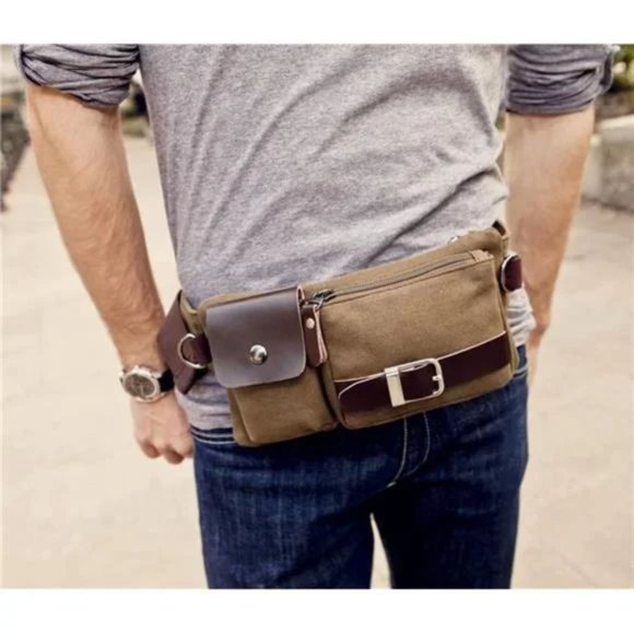 Men's Waist Bag Sports Coffee Canvas Belt Bag - Picture 5 of 8